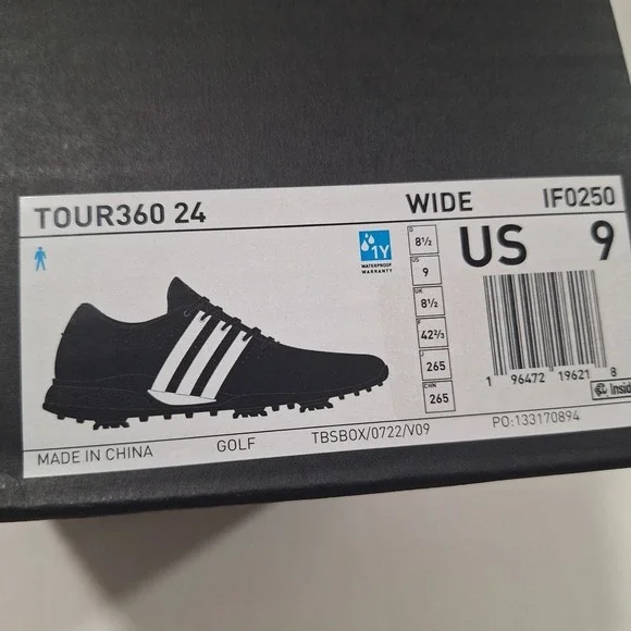 Adidas Tour360 24 IF0250 Men's‎ Golf Shoes, Black/White, Size 9W NEW